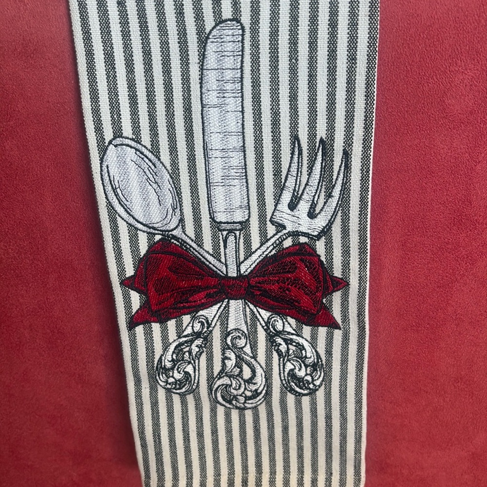 Stripe Cutlery Embroidered Hand Towel